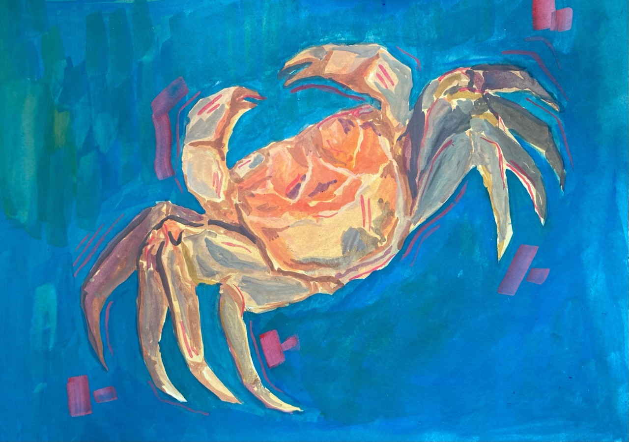 Colorful gouache painting of a crab on a blue background.