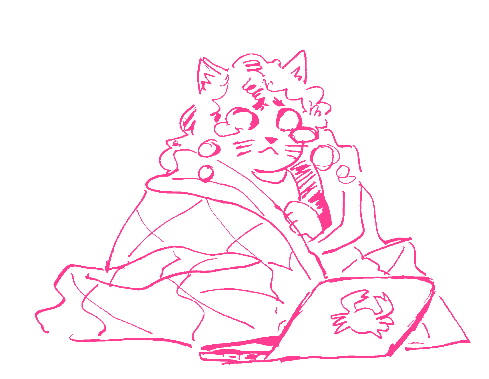 Sketch of a crying catboy wrapped up in blankets behind a laptop with a crab logo.